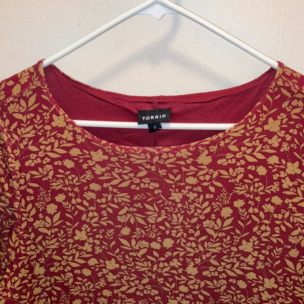 Torrid Burgundy and Gold Floral LS Farmhouse Dress Torrid Size 0 - Picture 2 of 6